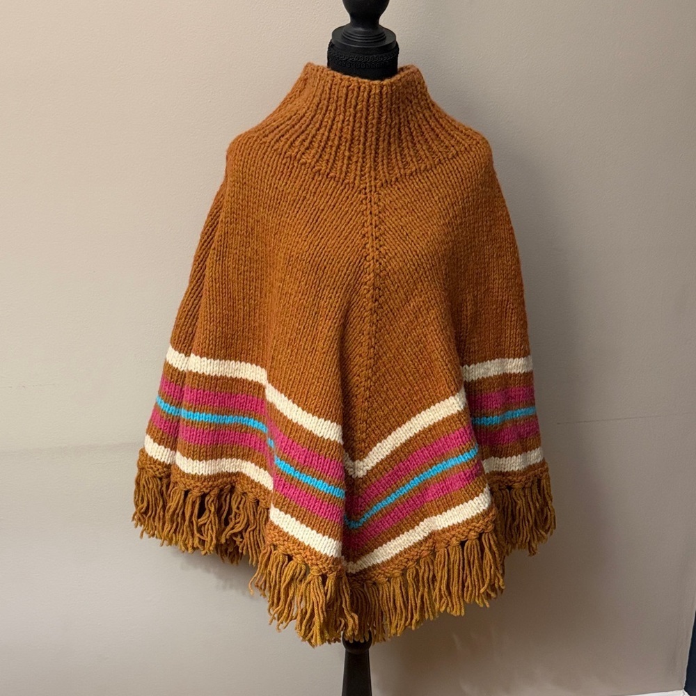 Boho Fringe Knit Poncho Sweater Striped One Size